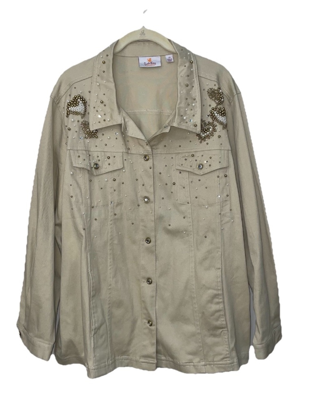 Quacker Factory Jacket 2X Khaki Embellished Pearls & Rhinestones Denim Vtg  EUC